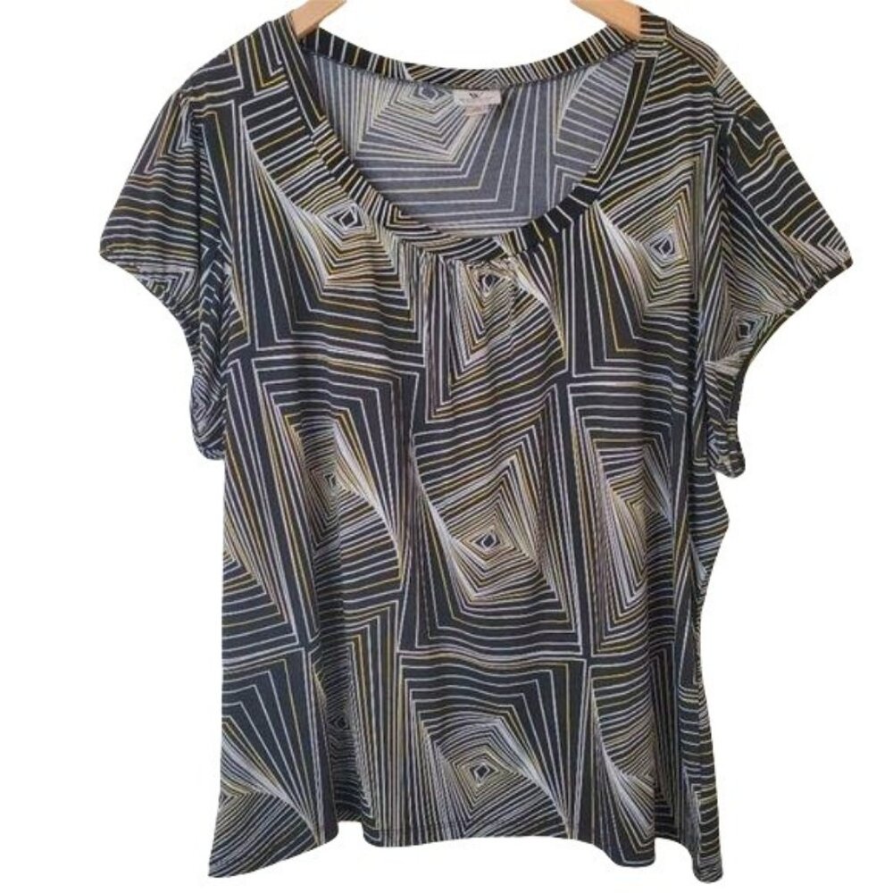 Vintage Worthington Womens 3XG Geometric Print Short Sleeve Blouse Black/White/Y